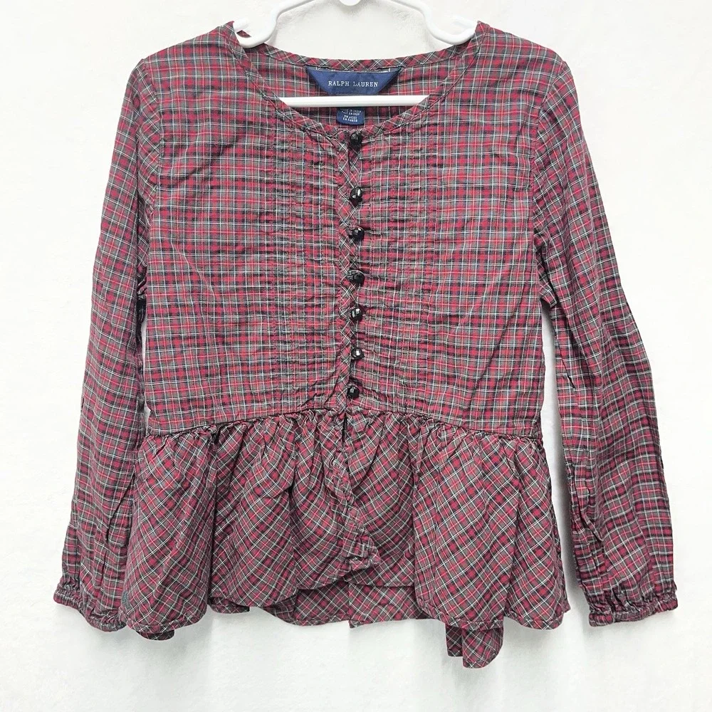 Ralph Lauren Button Front Plaid Shirt Girls 6 Peplum Christmas Top